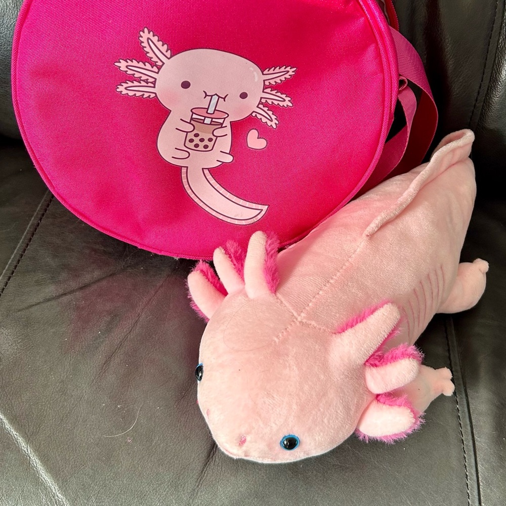 Kawaii Pink Axolotl Plush & Round Satchel Purse Bundle